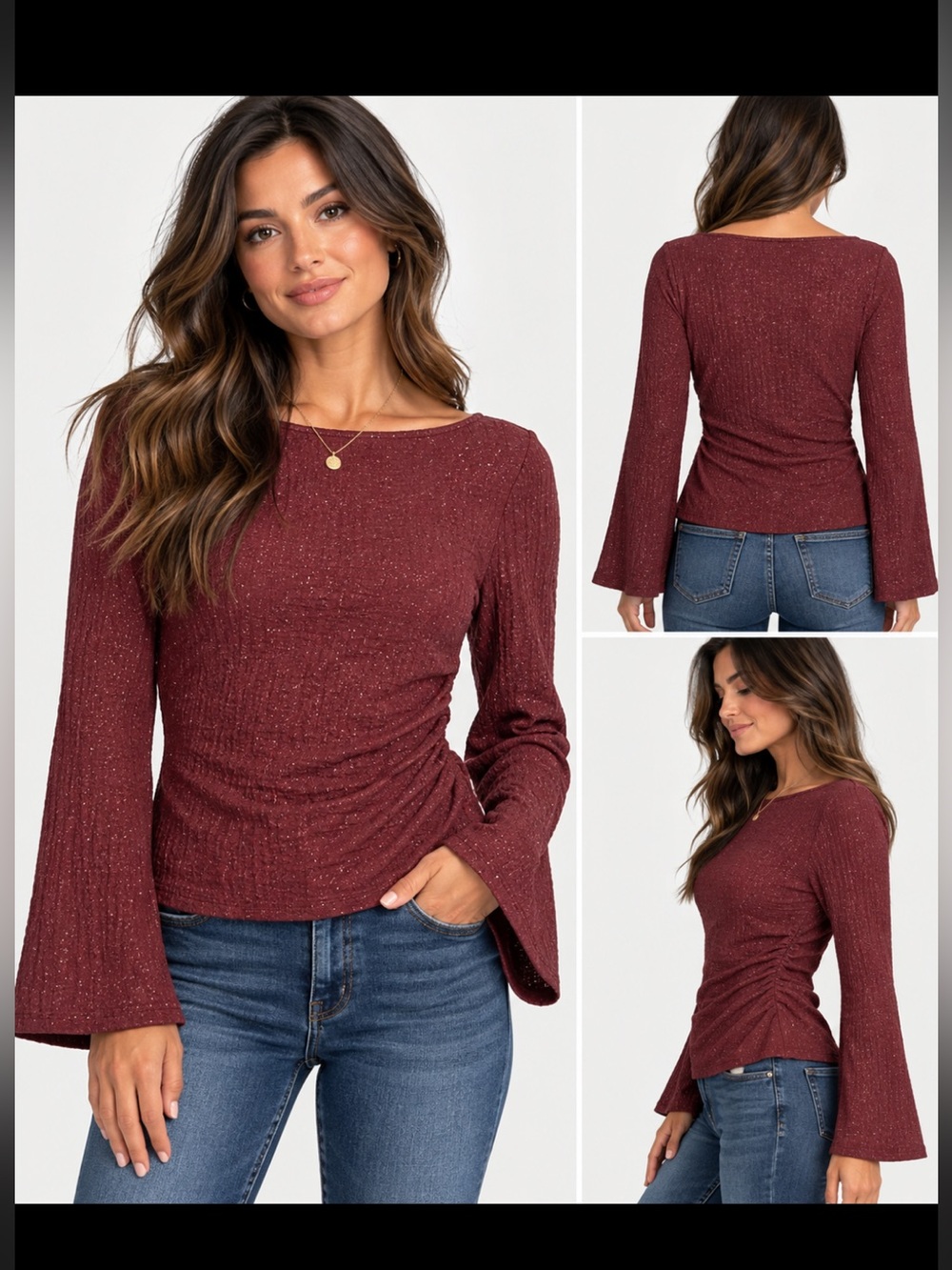 NWT Standard Surplus Burgundy Metallic Shimmer Bell Sleeve Top Ruched Sides.🖤